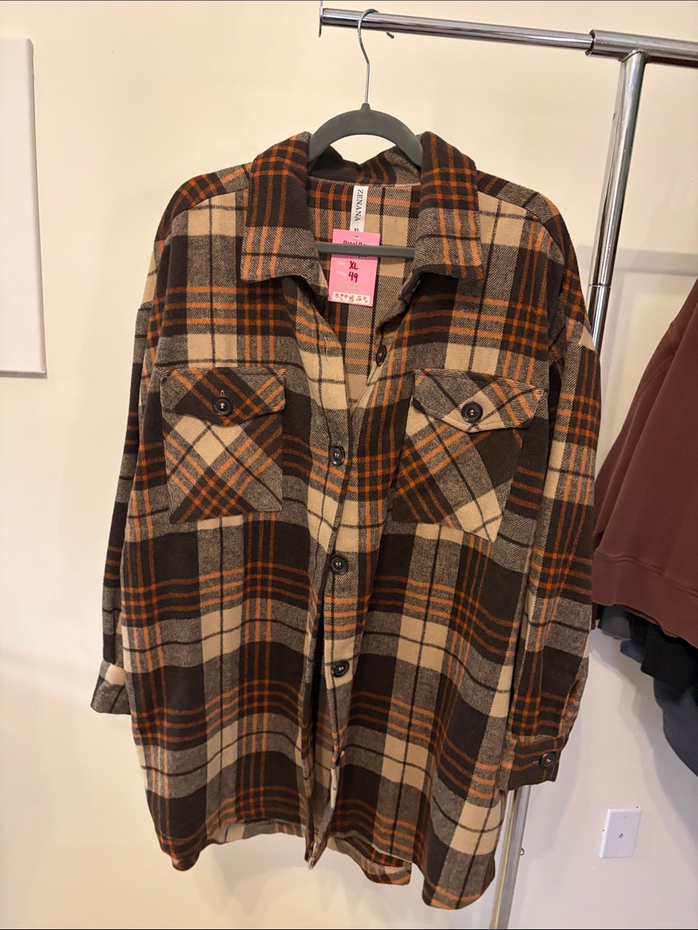 Women’s Plaid Flannel Shacket in Brown, Orange, and Cream